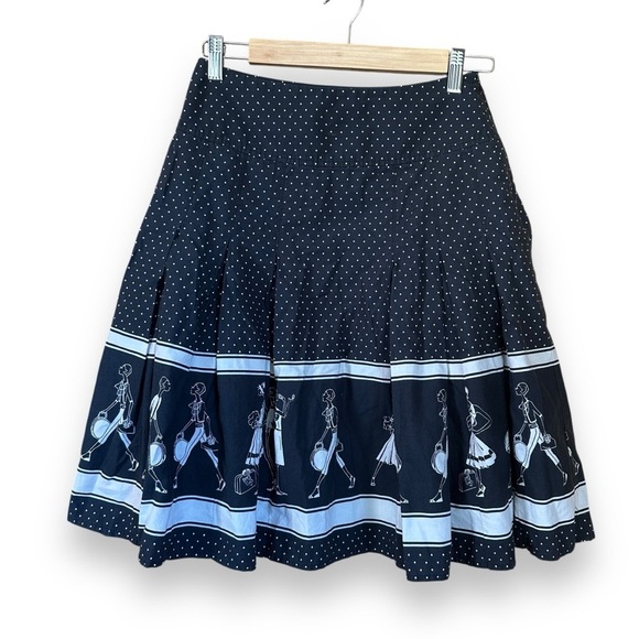 Vintage Liz Claiborne Pleated Midi Skirt Polka Dot Shoppers 100% Cotton Black 4P - Picture 2 of 7